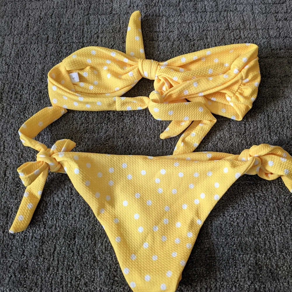 Yellow Polka Dot Tie-Front Bikini Top & Bottom Set - Women Swim - Picture 4 of 4